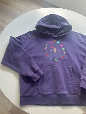 Purple Graphic Hoodie with Colorful Icon Embroidery